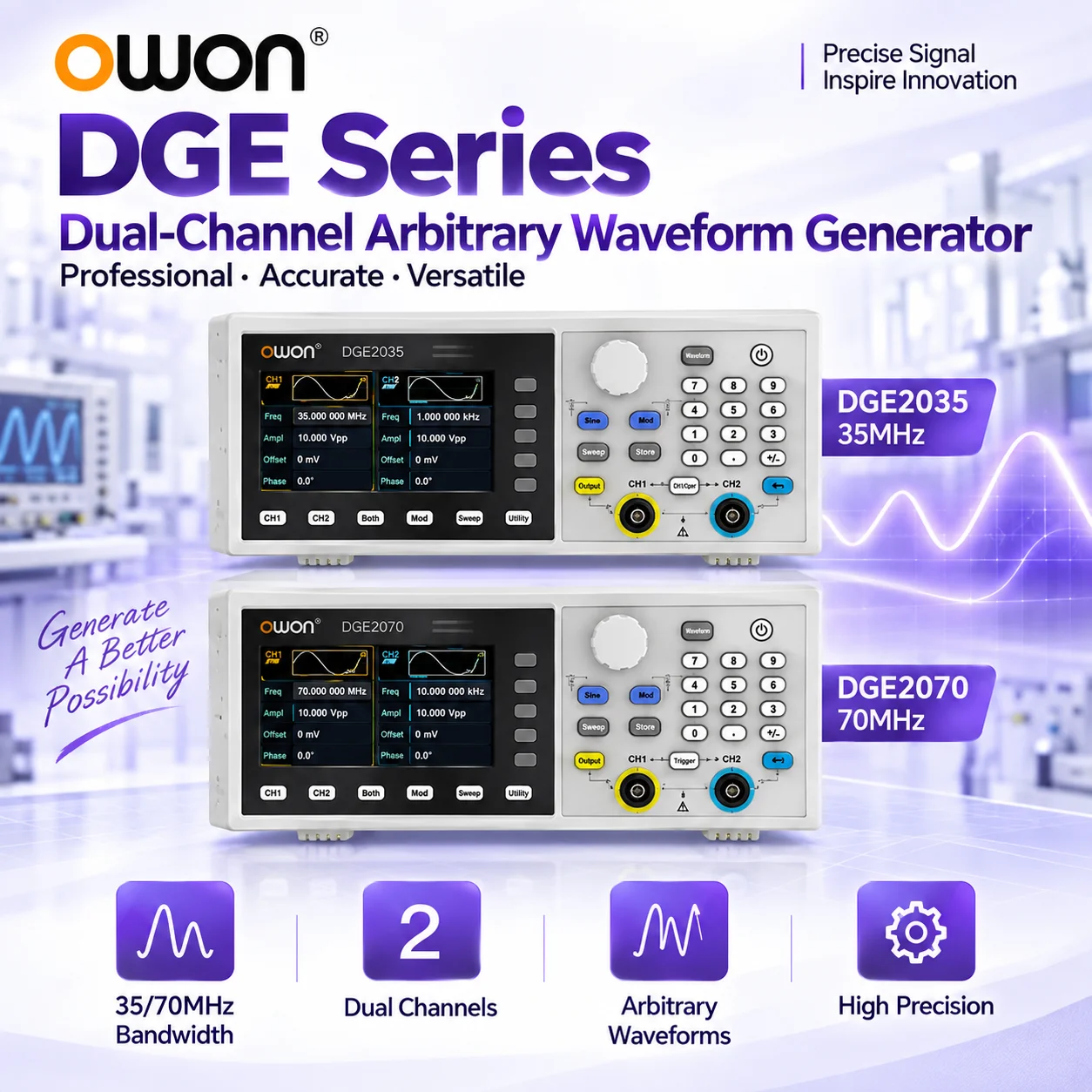 OWON DGE2035 DGE2070 Dual Channel Arbitrary Waveform Generator 35MHz 70MHz 14Bit 8K Points 150 Waveforms USB Signal Source SCPI
