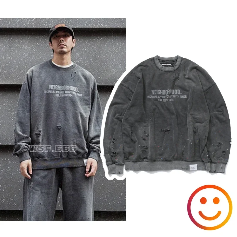 

Hole Damage NEIGHBORHOOD NBHD Sweatshirts JAPAN Men Women High Quality Heavy Fabric Retro Washed Splashing Ink Hoodie Pullover