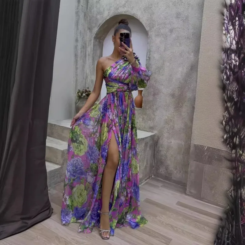 여름 신상 여성 의류 섹시한 사선 숄더 원숄더 긴팔 플로럴 롱 하이엔드 펜듈럼 플로럴 드레스