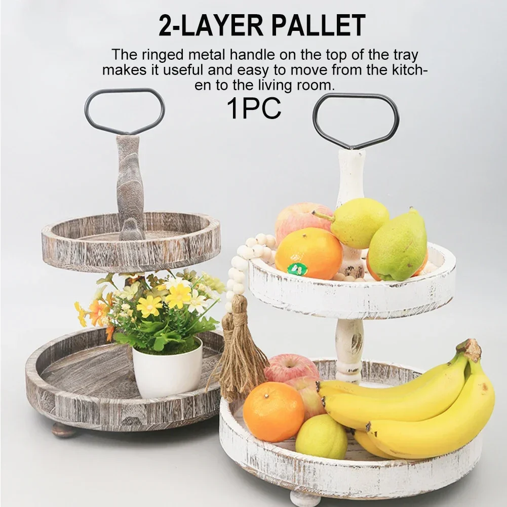 

Fruit Tray 2 Tier Countertop Serving Cake Stand Farmhouse Wooden With Metal Handles Round Stacked 360 Degree Handmade Coffee Bar