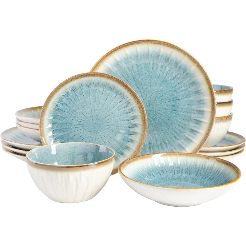 

Embossed Double Bowl Dinnerware Set, Service for 4 (16pcs), Ceramic Plate Serving Dishes Sets