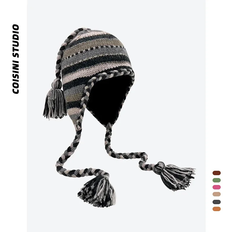 High-quality Ethnic Style Handknitted Pullover Hat Winter Men and Women Velvet Warm Striped Ear Protector Lace-up Bomber Hats