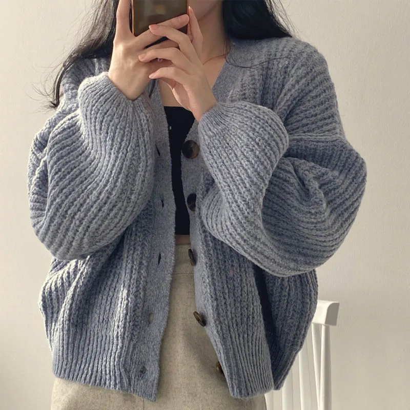 

Корейский осенне-зимний новый универсальный свитер, женский свободный большой вариант теплого толстого вязаного кардигана 15.