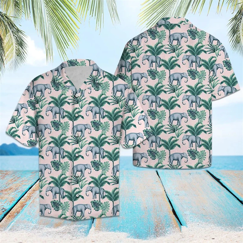 

Summer Casual Elephant Pattern Hawaiian Shirts Loose Fashion Beach Vacation 3D Printed Lapel Shirt Mens Daily Wear Button Blouse