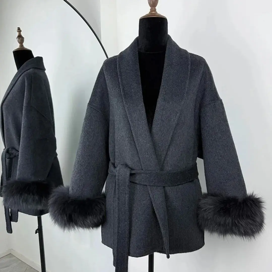 

French Style Lace Up Woolen Coat Autumn Winter 2025 Women's Hairy Cuffs Short Coat Fashion V-neck Solid Color Versatile Top