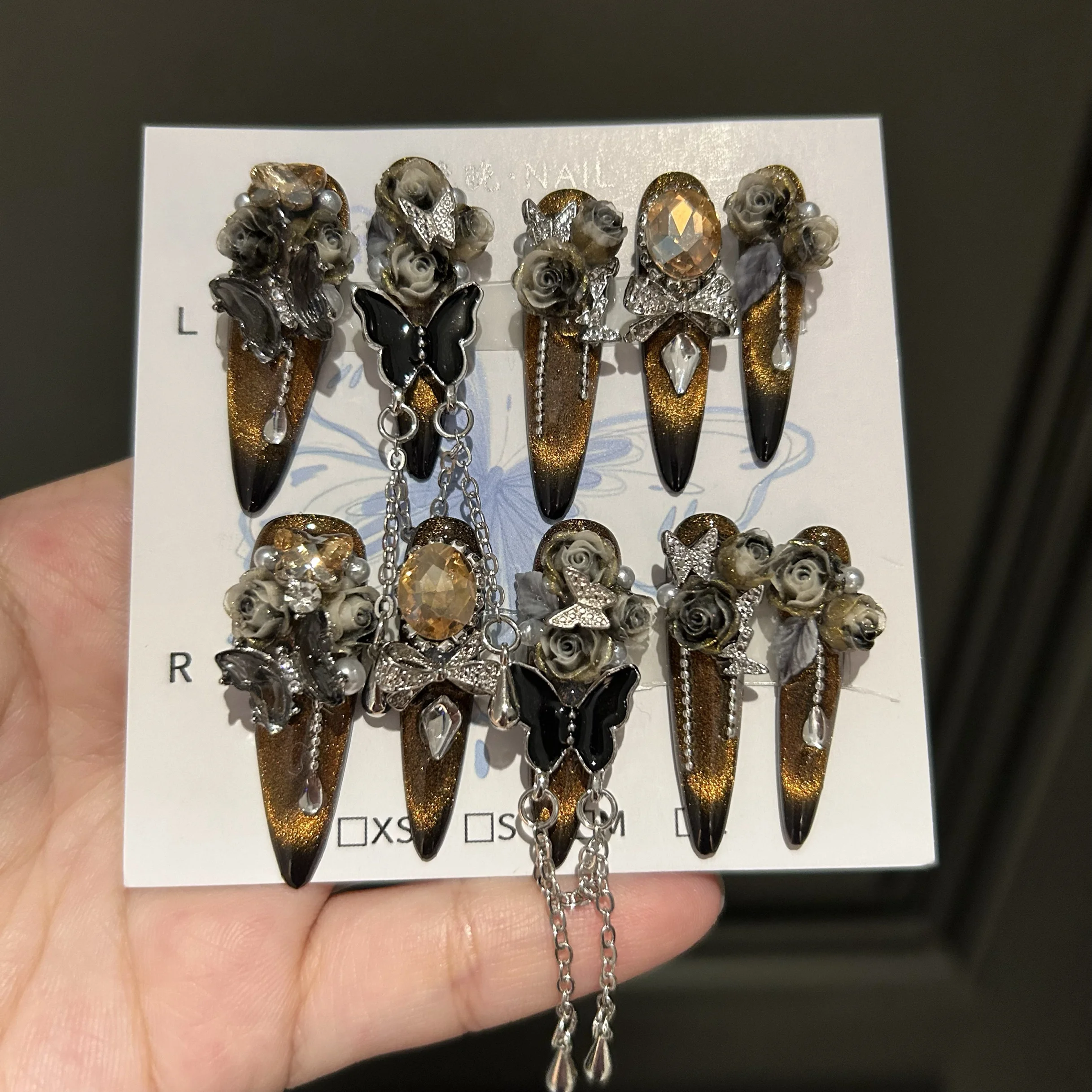 

French Cat Eye Dark Wind Pure Hand-worn Nail New Handmade Nail Patch Long Nail