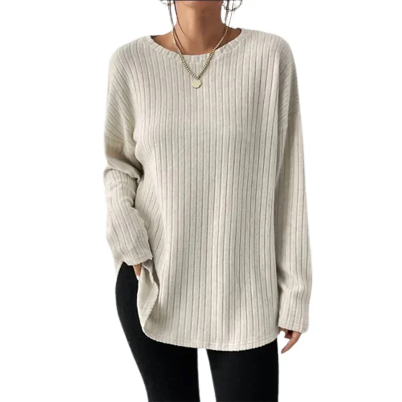 

Elegant Pit-stripe Round Neck Pullover Jumpers Women Solid Color Loose Sweater Female Autumn Winter Commuter Casual Knitwear New