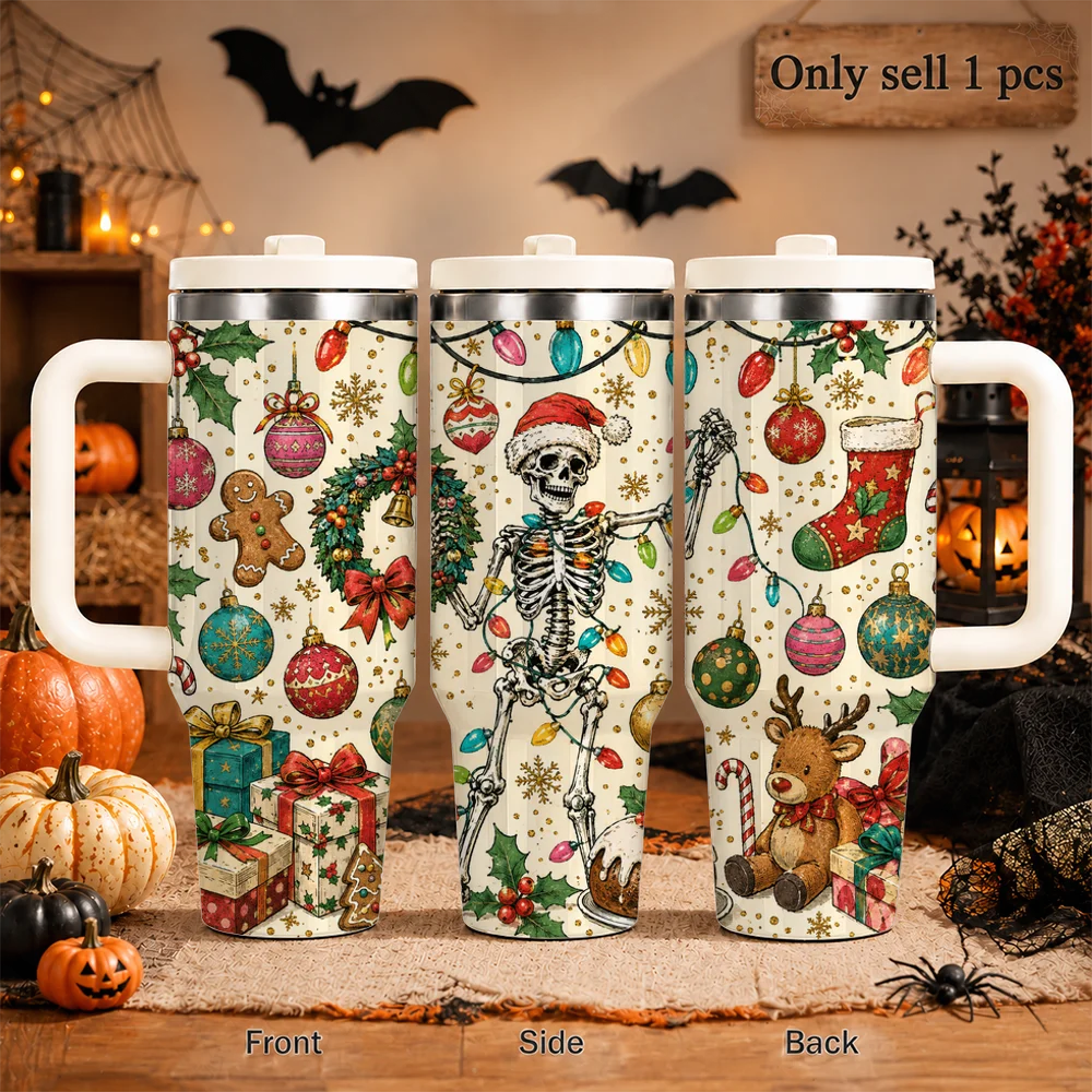 Skeleton Christmas Vacuum Flasks 40oz Large Capacity Stainless Steel Tumbler with Handle Straw Lid Insulated Travel Mug Cup