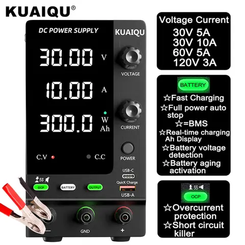 KUAIQU DC Power Supply 30V 10A,Adjustable Switching Regulated DC Bench Power Supply,12V 24V 48V 60V 120V Intelligent Charging