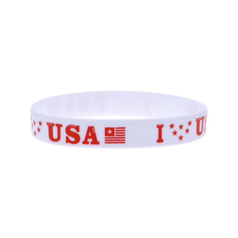 50 Stück bedruckte Armbänder mit Sternen-Flaggen-Logo „I Love USA“, Silikonarmband, Gedenkaccessoire zum 4. Juli, Handarmband – Detail 6