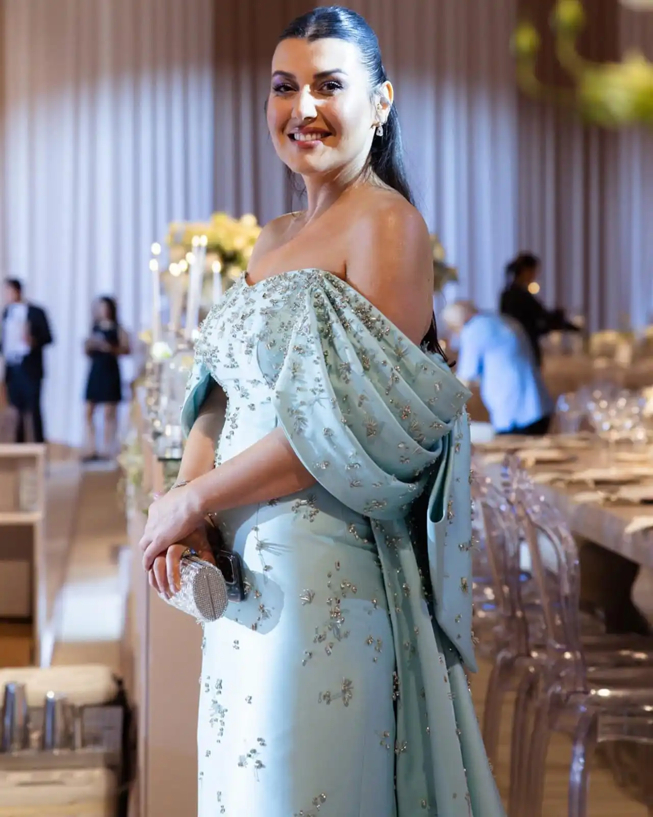 2254 New Sky Blue off The Shoulder Satin with Trian vestidos de noche vestidos de galaevening dresses فستان العيد image 4