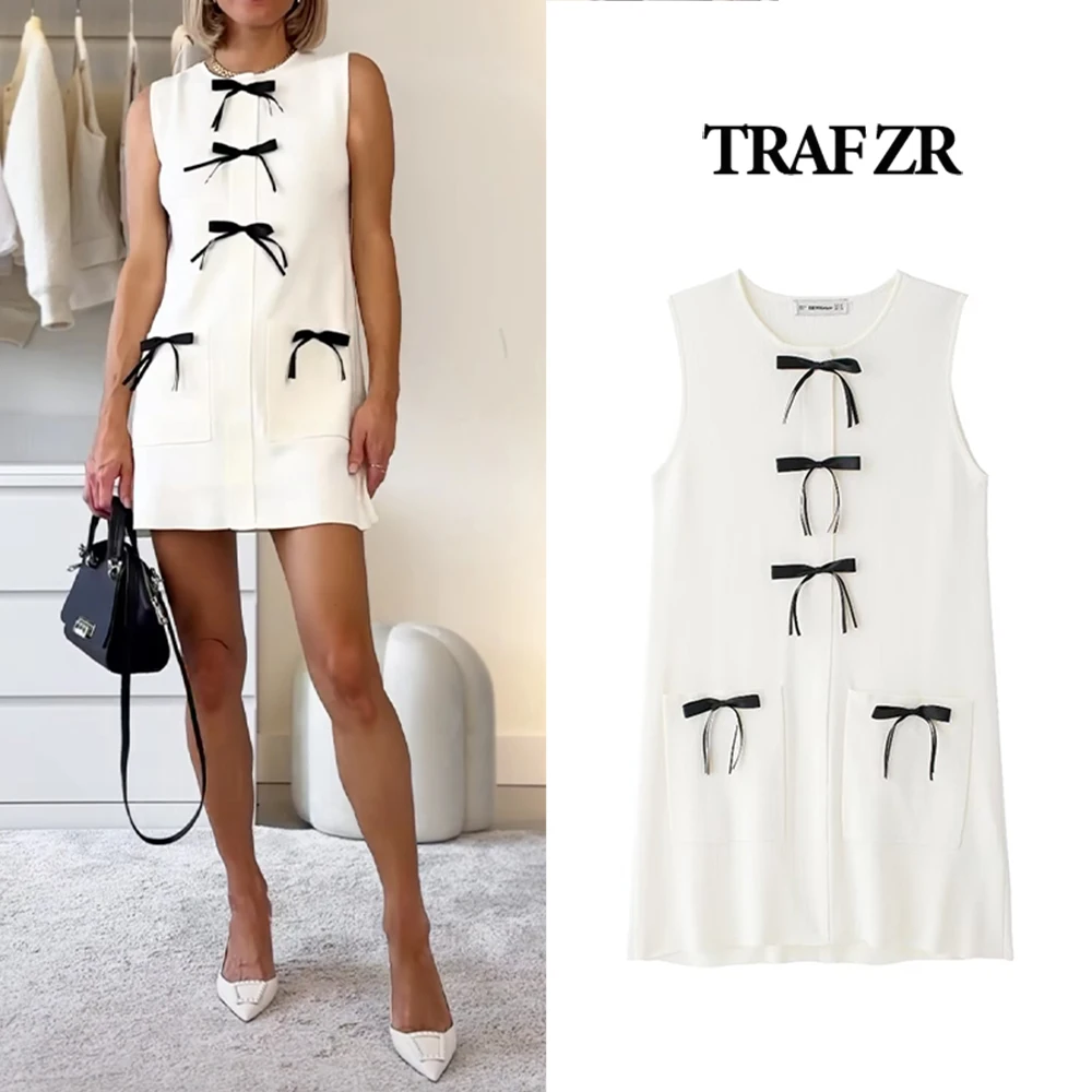 

TRAF ZR Elegant Chic Contrast Bows Mini Dress Sweet Knitted O-neck Sundresses 2024 New in Female Knitwear Front Patch Pockets