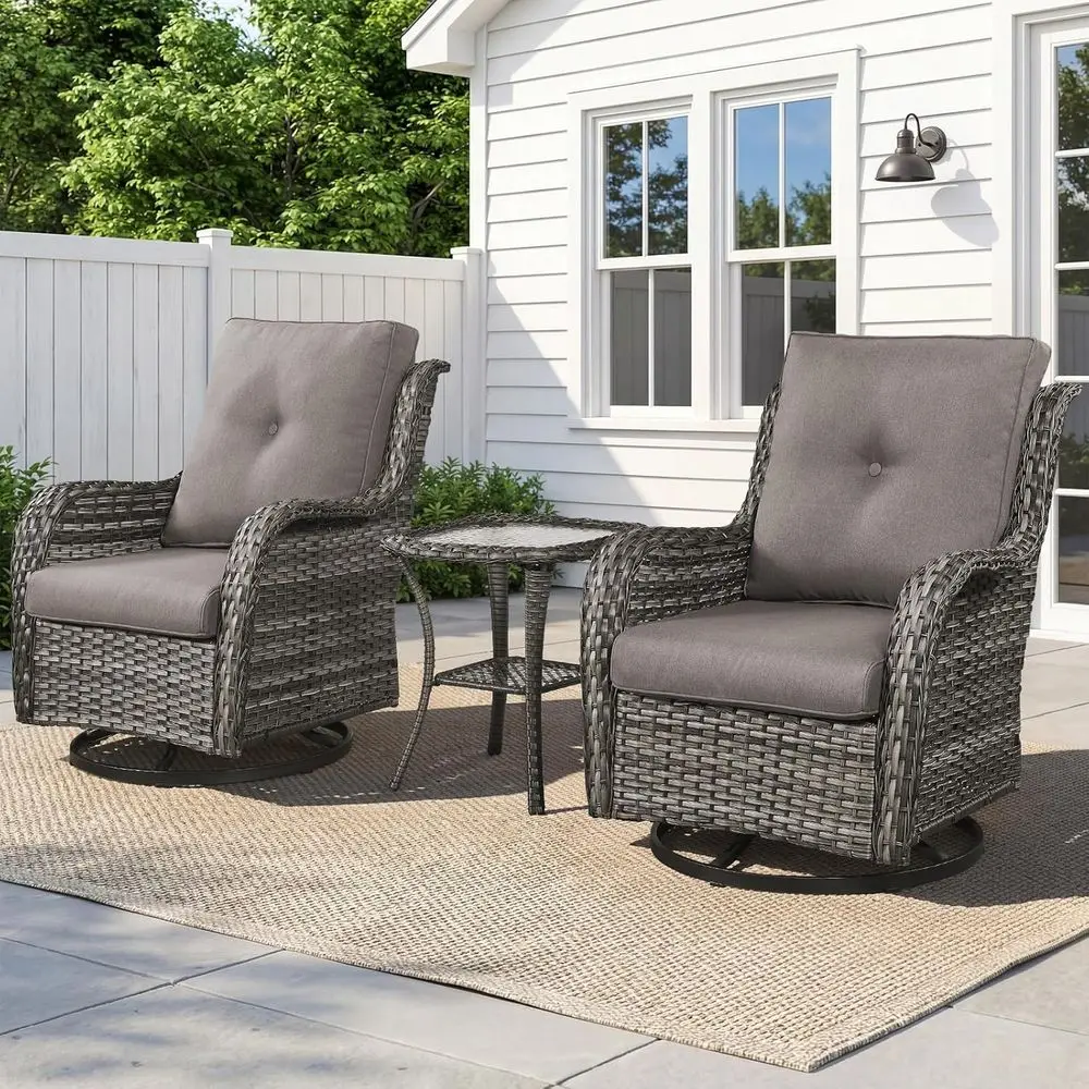 

3 PCS Patio urniture Set - Mixed Grey Wicker Swivel Rocking Chair Set with Side Table