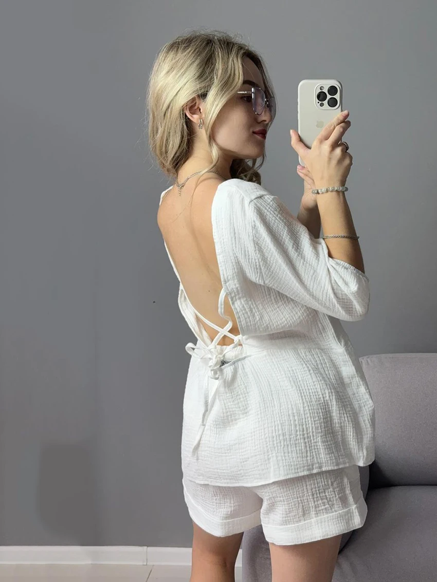 Marthaqiqi Cotton Ladies Home Clothes Sexy V-Neck Sleepwear Three Quarter Sleeve Nightgowns Shorts Casual Female Nightwear Suits