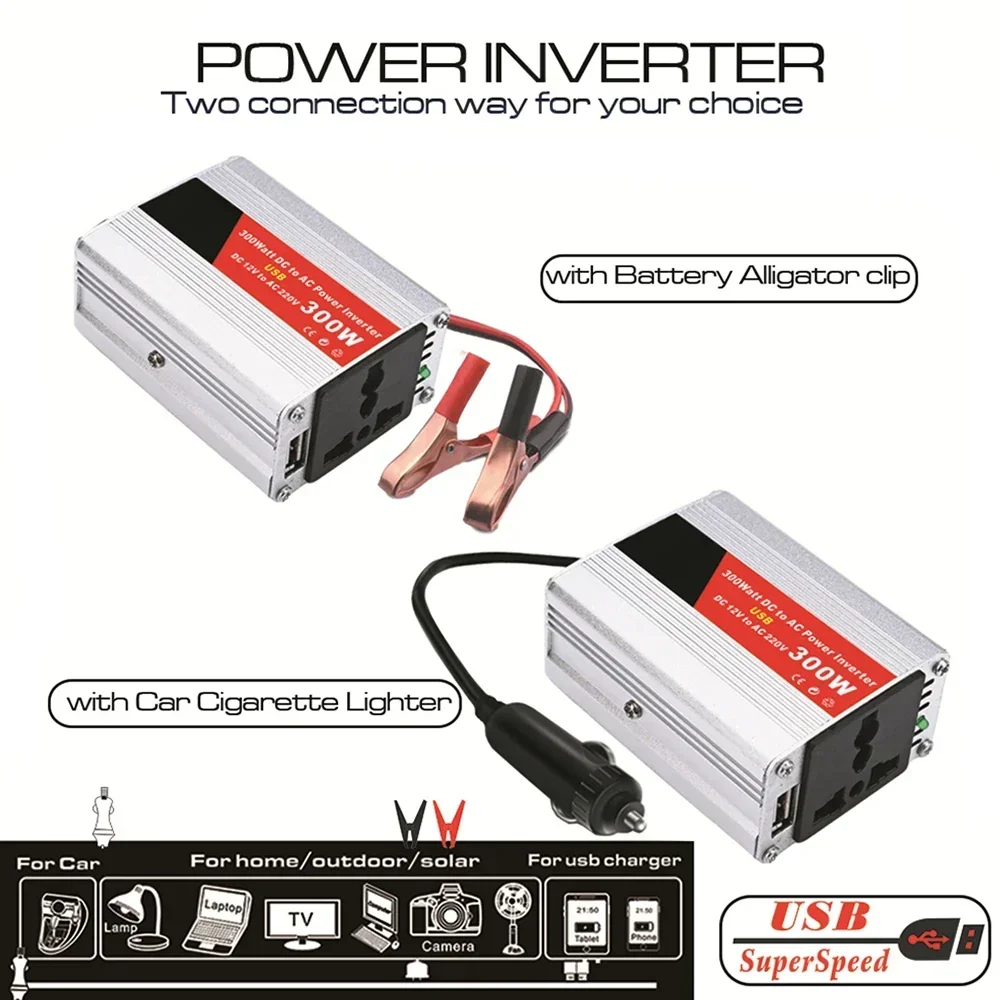

300W Car Power Inverter Converter Adapter DC 12V to AC 220V with Battery Clip Cigarette Lighter For Home Appliances Outdoors