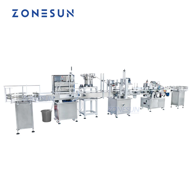 ZONESUN Custom Full Automatic Production Line Liquid Oil Vial Filling Vibratory Cap Feeder Capping And Round Labeling Machine