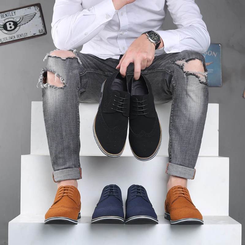 

Tan Suede Brogue Lace Up Formal Business Oxfords Casual Daily Wear Comfortable Breathable Dress Shoes For Men Simple and stylish
