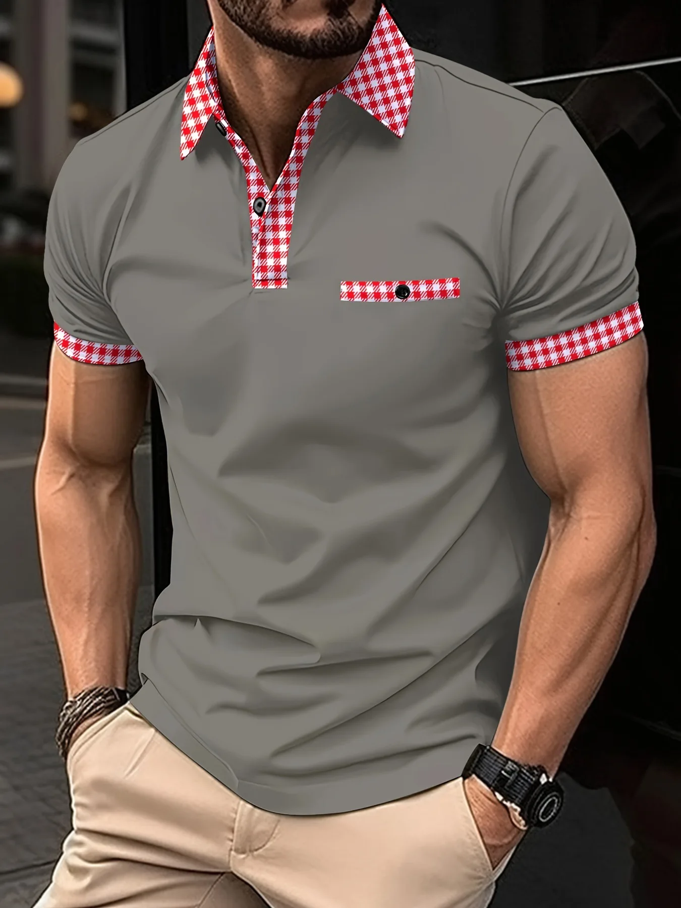 Spring And Autumn Men\'s Short-sleeved Polo Shirt Casual Sports Shirt Solid Color Red plaid Collar T-Shirt Fashion Breathable POL