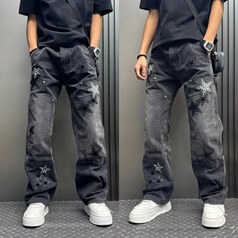 Autumn and Spring New Fashion Trend Printed American Vintage Straight Leg Jeans Men's Casual Sports Plus Size High Quality Pants