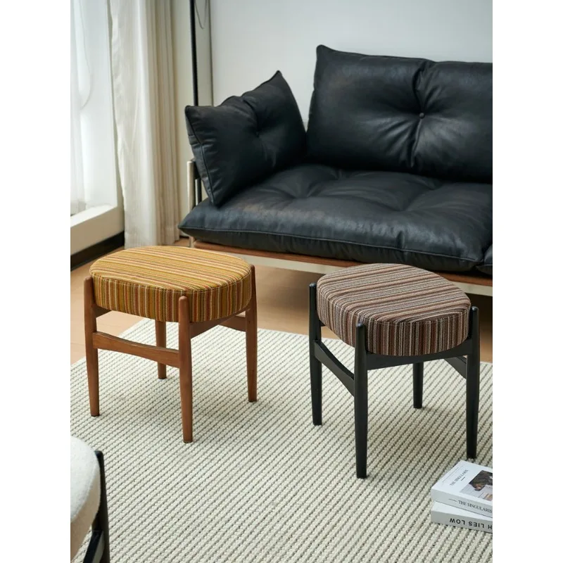 Scandinavian Wabi Sabi Vanity Stool Solid Wood with Elliptical Sheepskin Cushion Chinese Inspired Bedroom Accent Seat