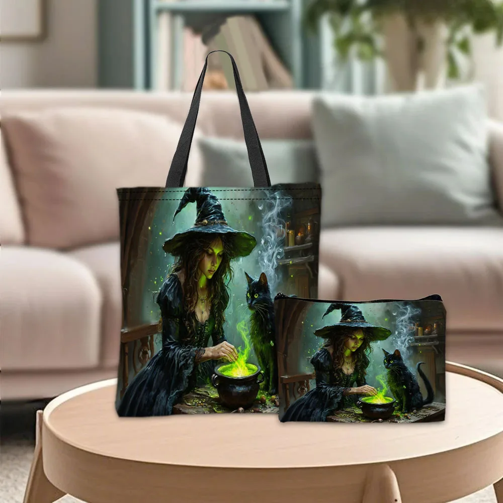 

Enchanted Forest Witch Cat Full Moon Cosmetic Bag Shoulder Bag Reusable Shopping Bags Chic Pouch Handbag Women's Daily Use
