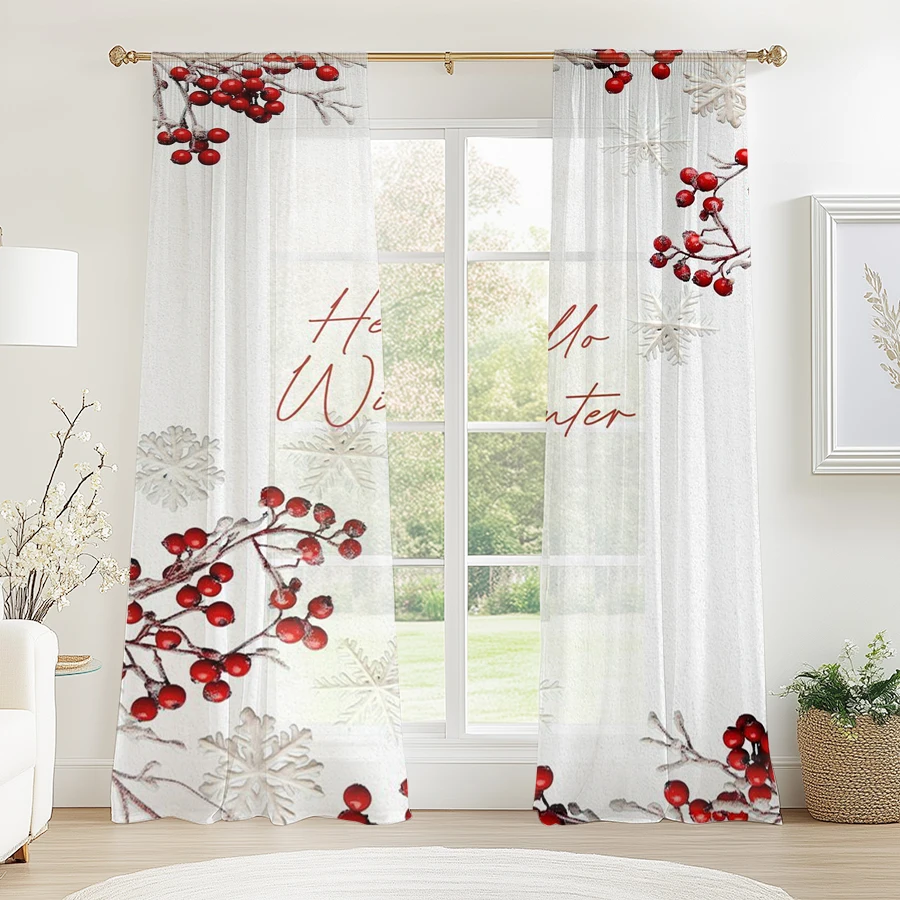 2PCS Christmas Sheer Curtains, Hello Winter Red Berry, Digital Print, Bedroom Living Room, Rod Pocket Polyester, Home Decor