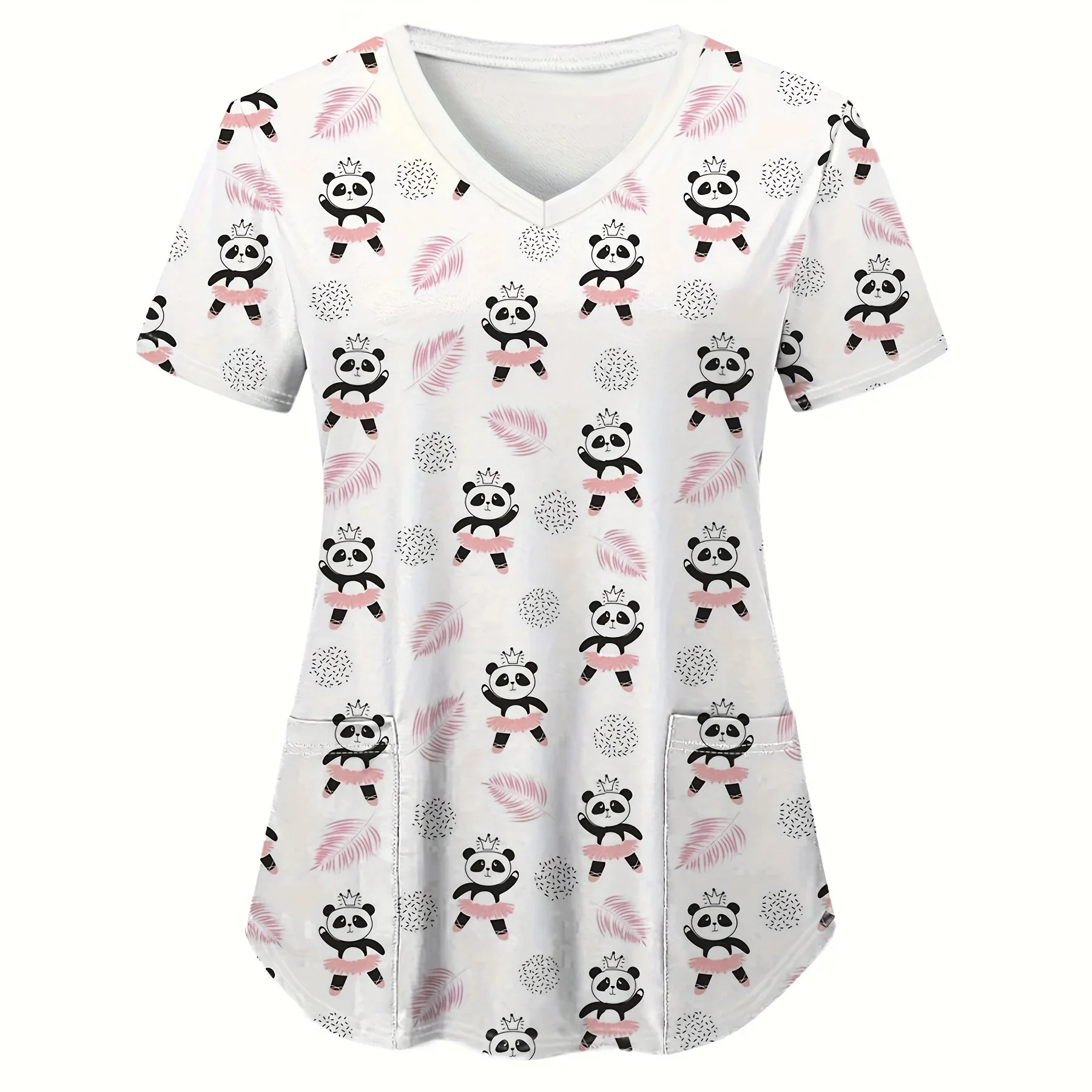 여성용 의료 유니폼 귀여운 팬더 만화 프린트 헬스케어 간호사 상의 V넥 반팔 포켓 티셔츠 임상 유니폼