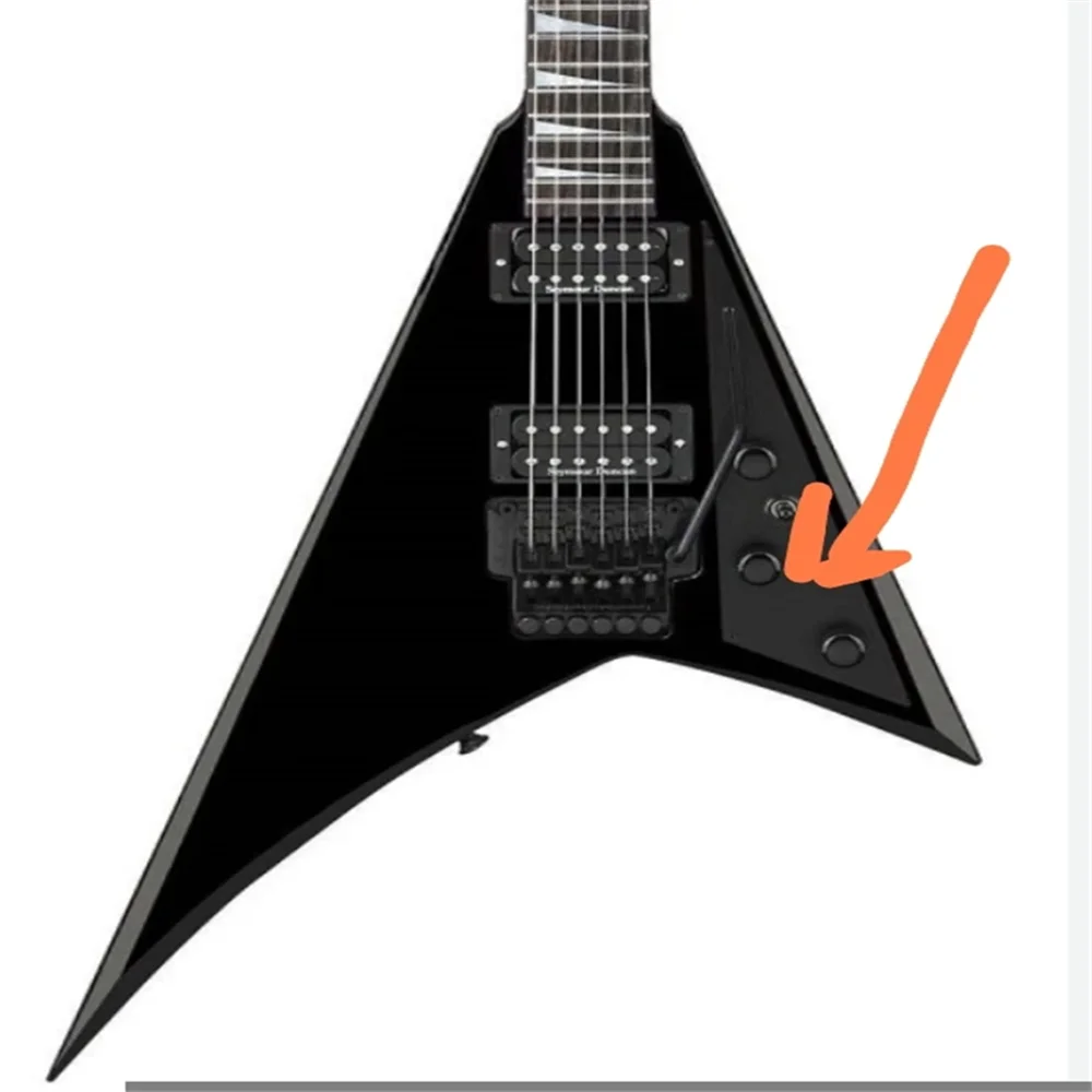 

Customized black unconventional electric guitar, equipped with two pickups and tremolo bridge