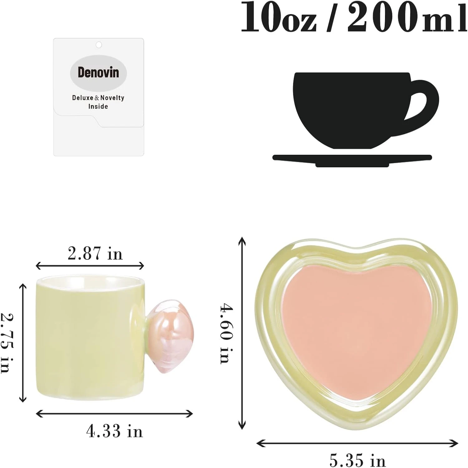 Pearl Green Ceramic Heart-shaped Coffee Cup and Saucer Set, Adorable Cappuccino Espresso Demitasse Mug with 6.5oz Capacity, Idea