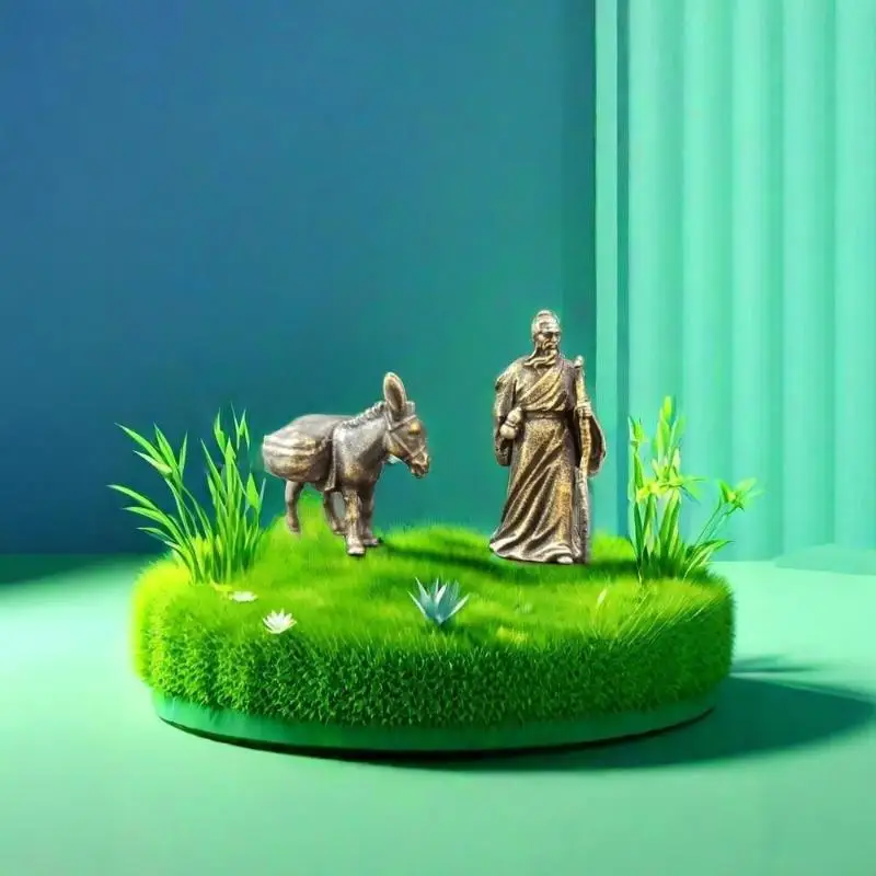 1pc Vintage Home Ornament Collection Of Tea Pet Brass Carving Handholds Metal Crafts Old Farmer And Cow Living Room Decor