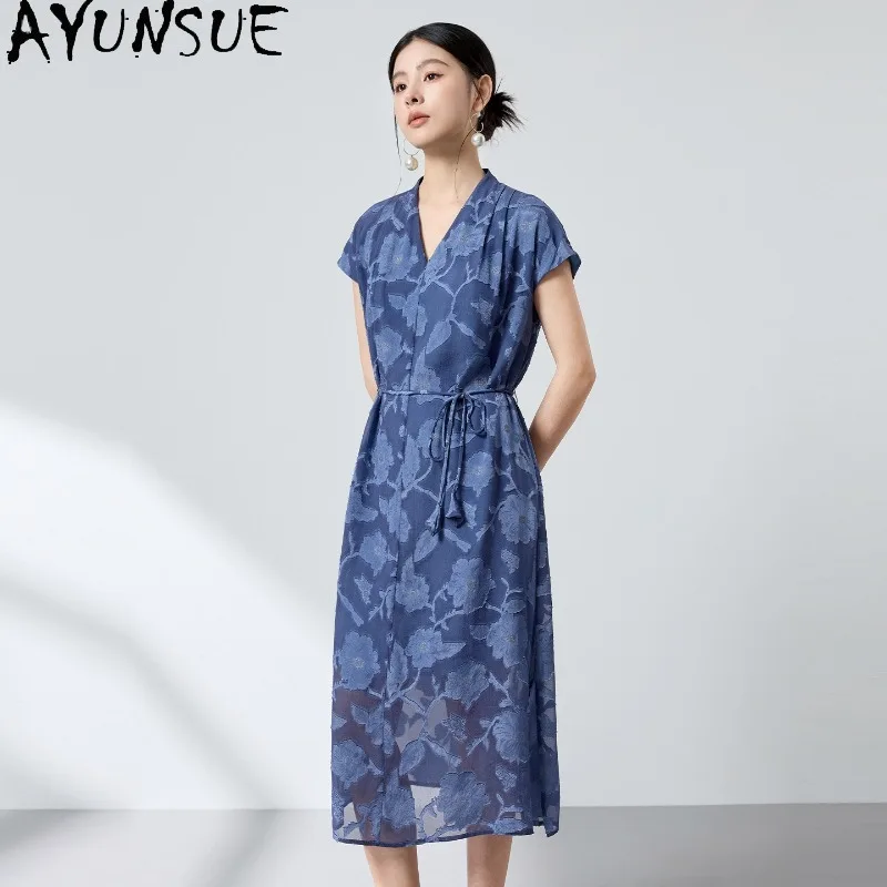 

AYUNSUE 100% Silk Dresses for Women Chinese Style V-neck Summer Dresses 2026 Wedding Guest Dresses Woman Clothes Платье Женское