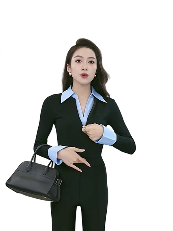 تي شيرت نسائي كوري جديد بتصميم قطعتين وهميتين، قميص داخلي نحيف للربيع والخريف بتصميم مدمج وأكمام طويلة