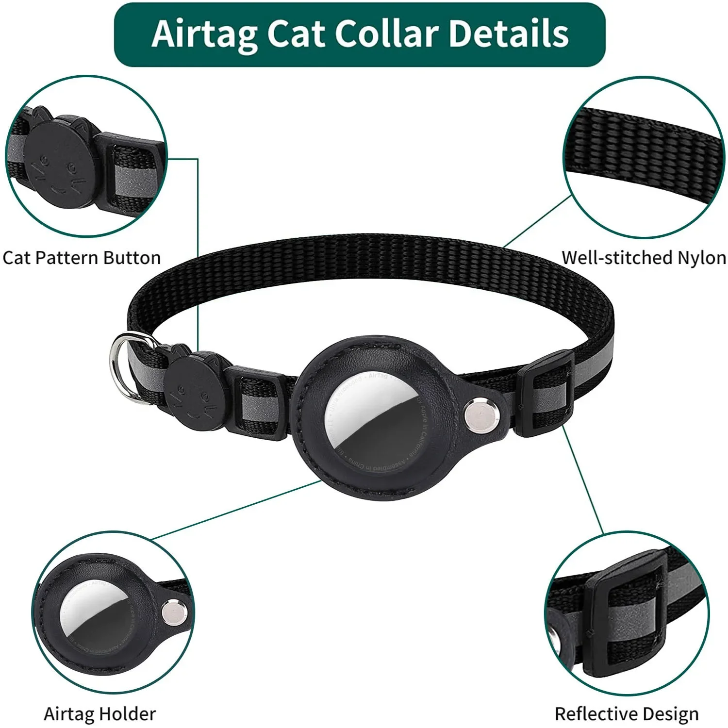 AirTag Cat Collar Reflective Nylon with Bell Breakaway Safety Buckle GPS Tracker Holder for Kitten Cats Small Pets Anti-Lost