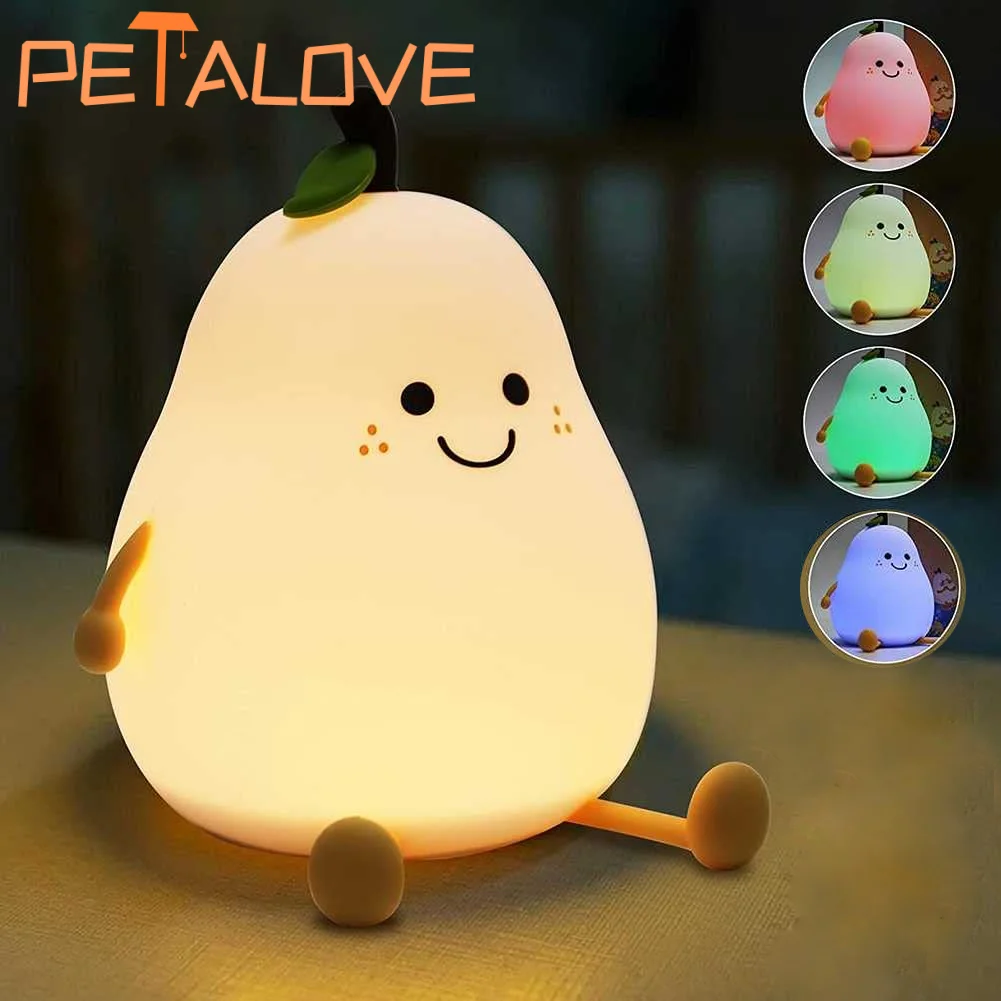 Cute Pear Night Light USB Rechargeable Nightlights Silicone Lamp Touch Switch Bedroom Decoration Birthday Gift Pat Control