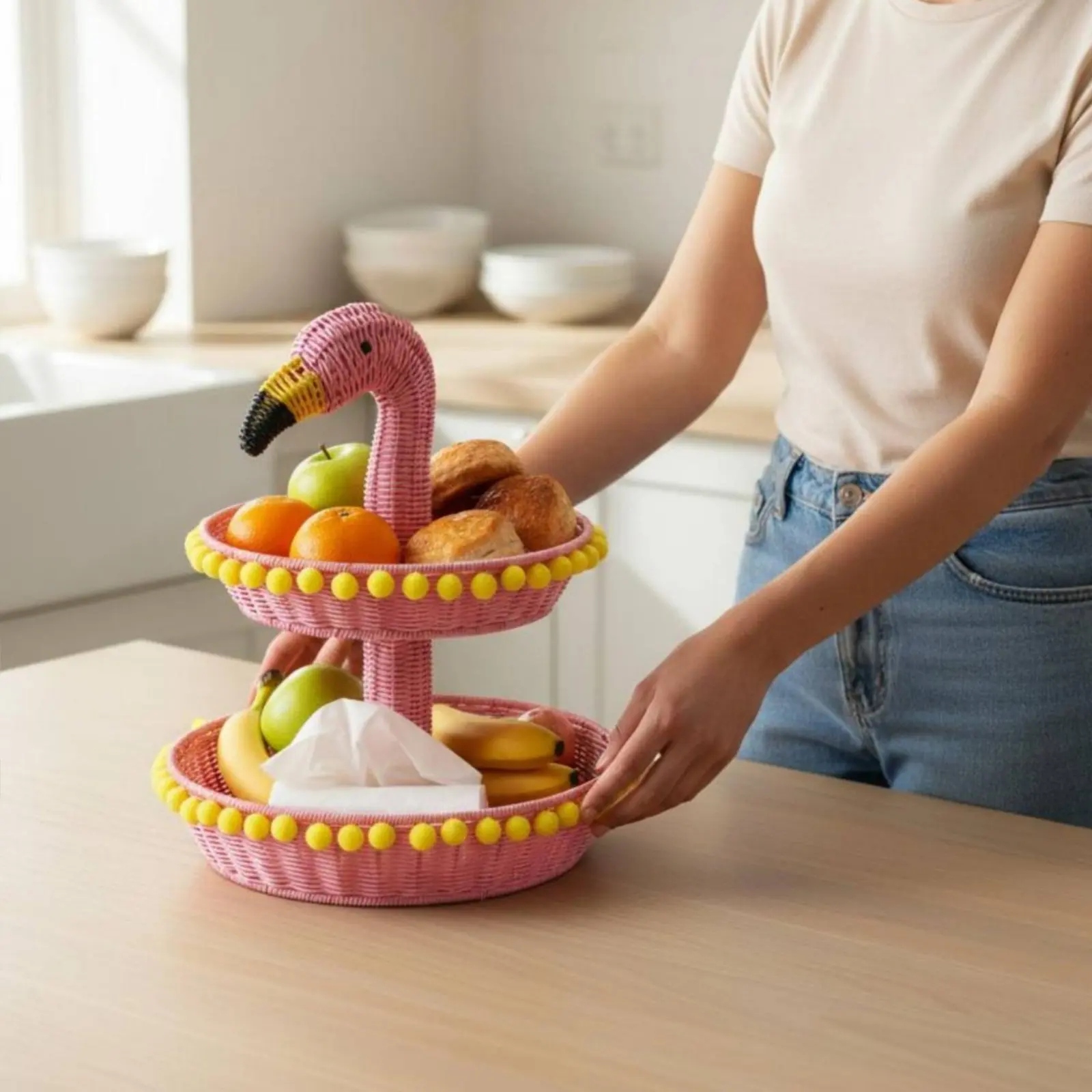 

Two-Tier Fruit Basket Double Layer Flamingo Snack Stand Wicker Dessert Tray Multi-Use Household Storage Tabletop Display