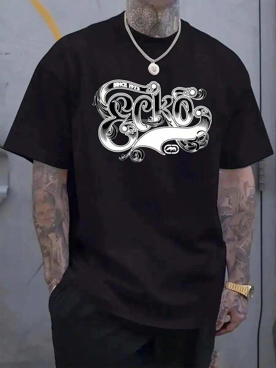 Camiseta gráfica Ecko para hombre, blanca, de manga corta, cuello redondo, corte regular, camiseta de verano con diseño negro intrincado, ropa informal, suave y elástica, transpirable, ligera y flexible.