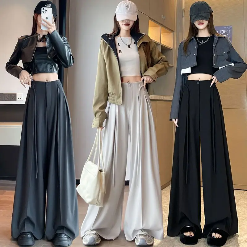 

Простые костюмные брюки в корейском стиле, женские свободные драпированные брюки с высокой талией, прямые широкие брюки длиной до пола с поясом