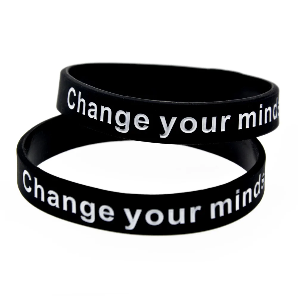 50 Pcs Change Your Mind Set Change Your Life Silicone Wristband 1/2 Inch Wide Sport Bracelet Motivational Bangle Black