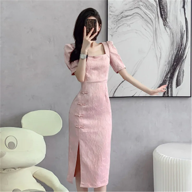 2024 Pink Summer Women Improved Cheongsam Square Collar Mid Long Vintage Dress Chinese Style Slim Fashion Ladies Dresses Qipao