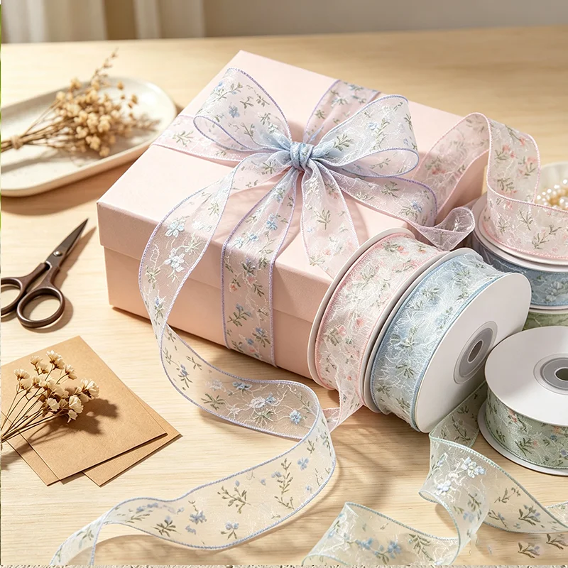 2,5cm/4cm Blumen-Spitzen-Mesh-Band 10/100 Yards Schleifenband mit Blumendruck Kleidungszubehör DIY Blumenkuchen Geschenkbox Verpackungsband