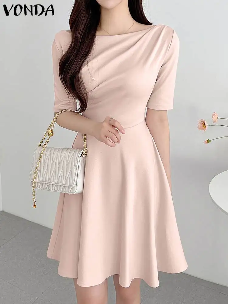 Women Elegant Party Midi Dress 2023 VONDA Fashion Short Sleeve Sundress Casual Solid Color Vestidos Female O Neck Robe Femme