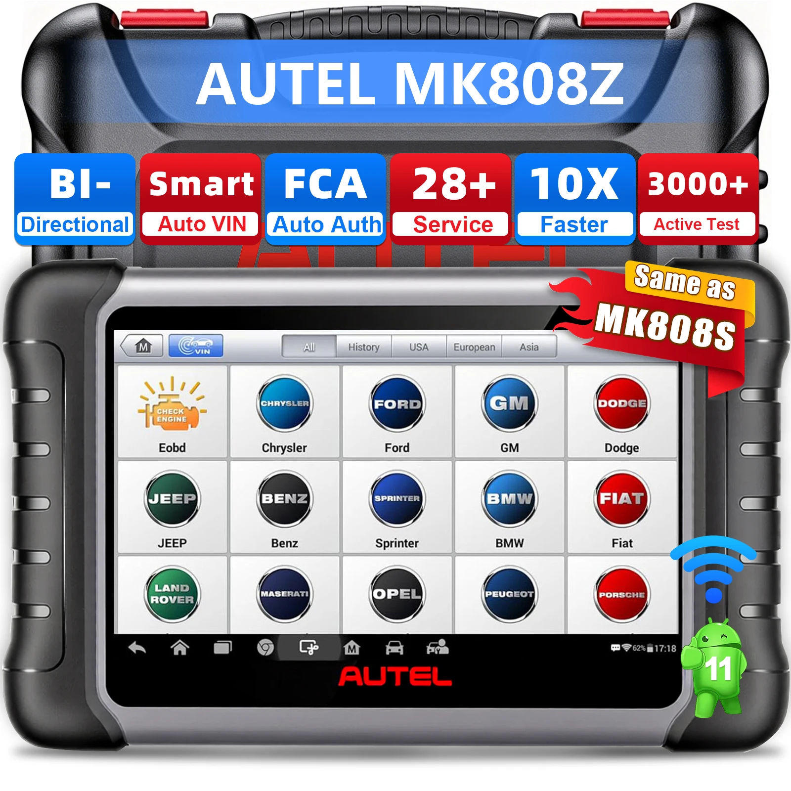 Autel Scanner MaxiCOM MK808Z OE All System OBD2 Scanner & Bidirectional Tool–3000+ Active Tests, 28+ Service, Smart Auto V-in, FCA Auto Auth, 10X Faster, Work as MK808S MX808S MX900 & BT, OS 11