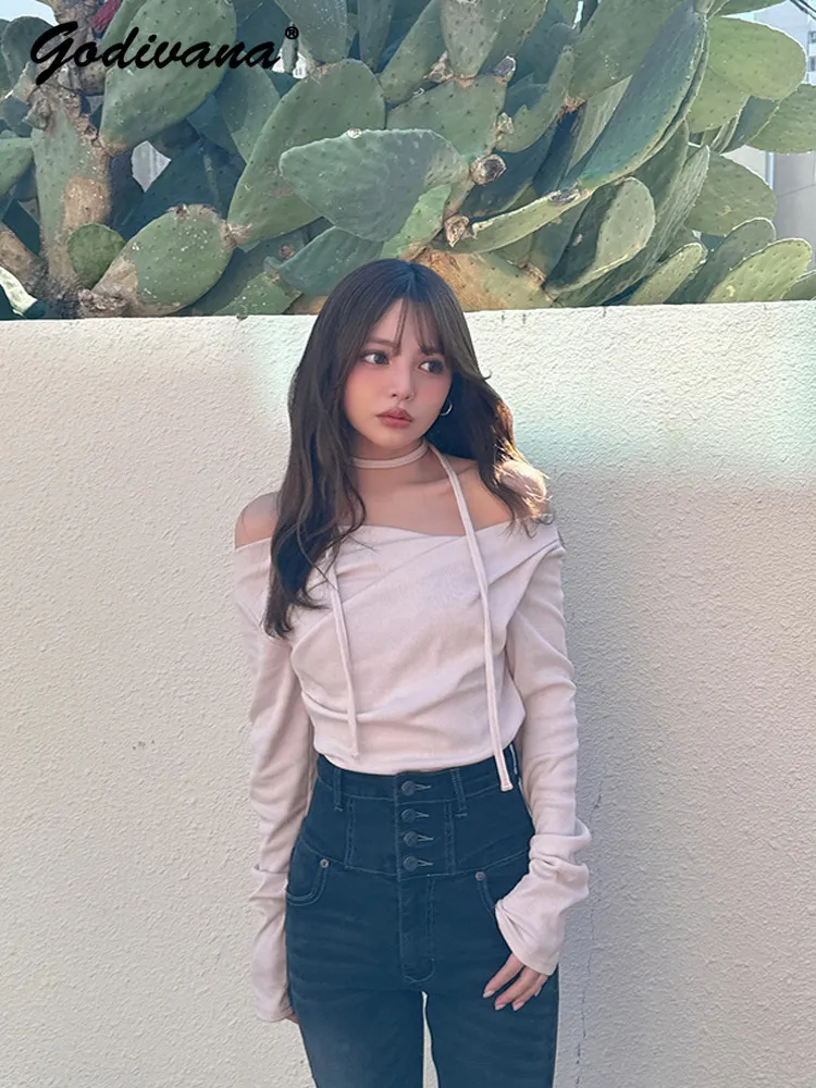 Nuovo autunno femminile dolce irregolare croce con lacci scollo a V corto lavorato a maglia top tinta unita maglieria sottile da donna a maniche lunghe