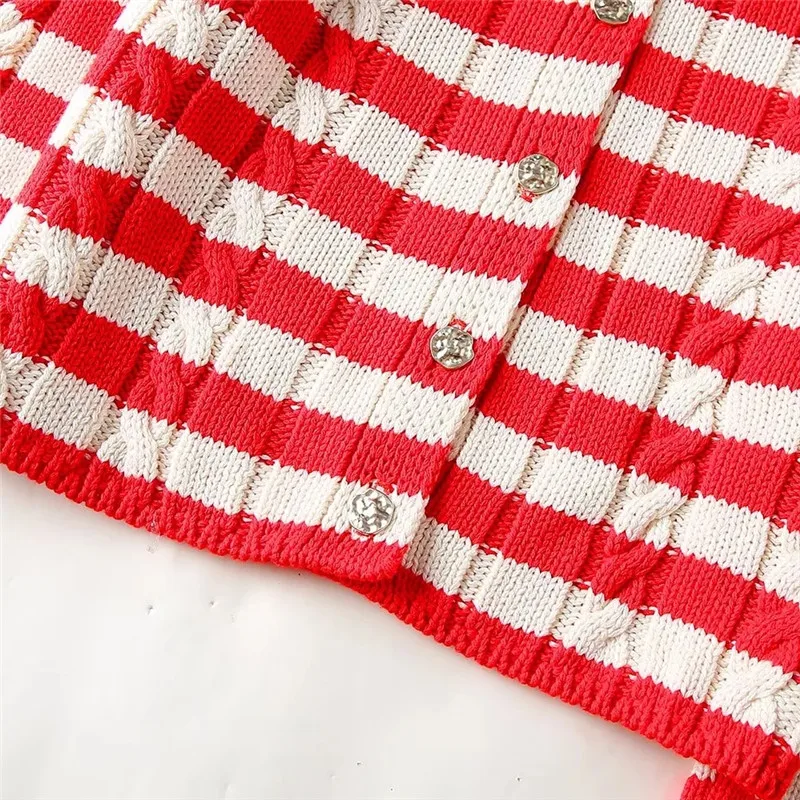 TRAF Cable Knitted Cardigan For Women Red Striped Knit Cardigan Woman Long Sleeve Cropped Sweaters Spring Button Short Cardigan