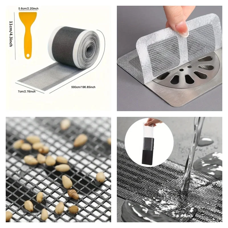 

50PCS/Roll 196.85 Inches Cuttable Shower Drain Anti-Clogger, Self-Adhesive Floor Drain Sticker, Disposable Mesh Sink Strainer