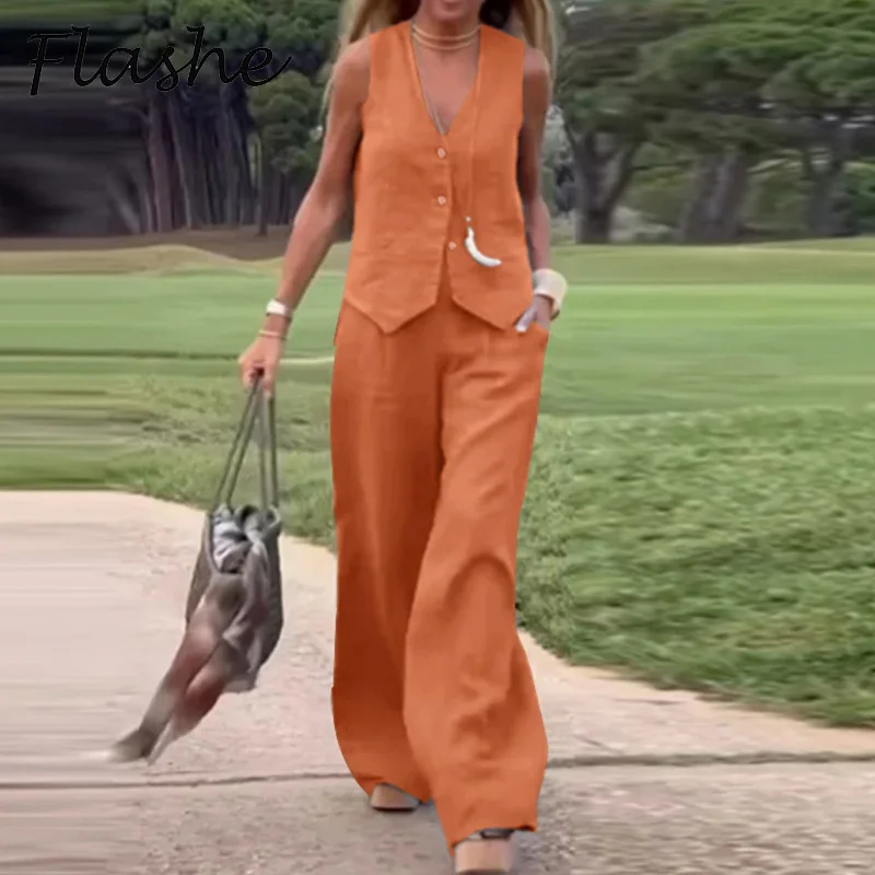 Fashion Women V Neck Button Vest Shirt Wide Leg Pants Suit Women Casual Two Piece Set Tracksuits 2024