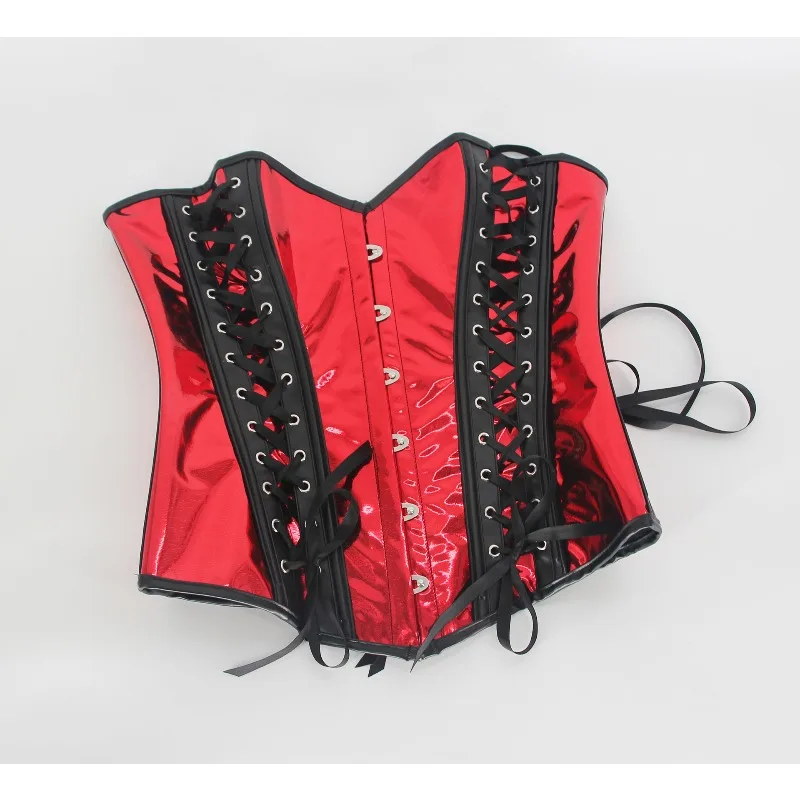 Corsetto in pelle PU argento Steampunk Top gotico con lacci Overbust Bustier Vita sottile Body Shapewear Donna Corsetto sexy Clubwear