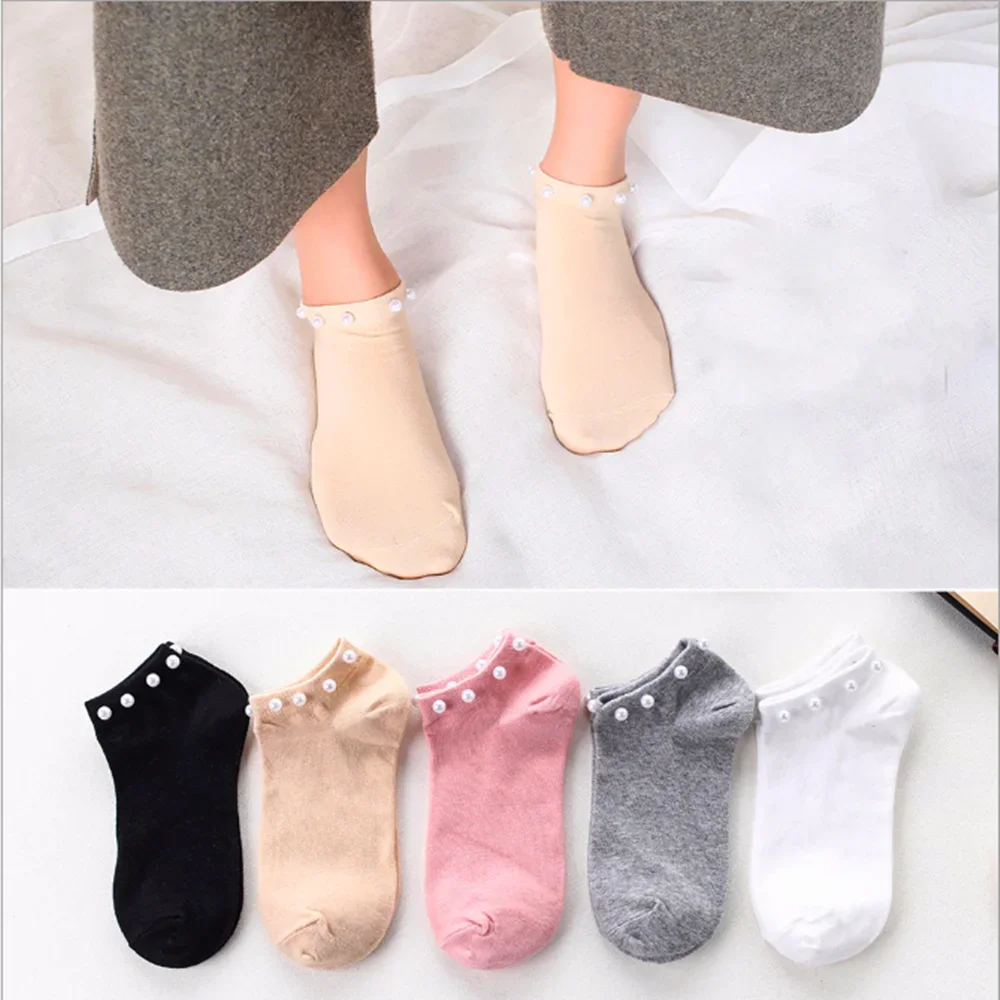 1pair Summer Fashion Female Socks Womens Silver Silk Pearl Socks Ladies Crystal Short Socks Thin