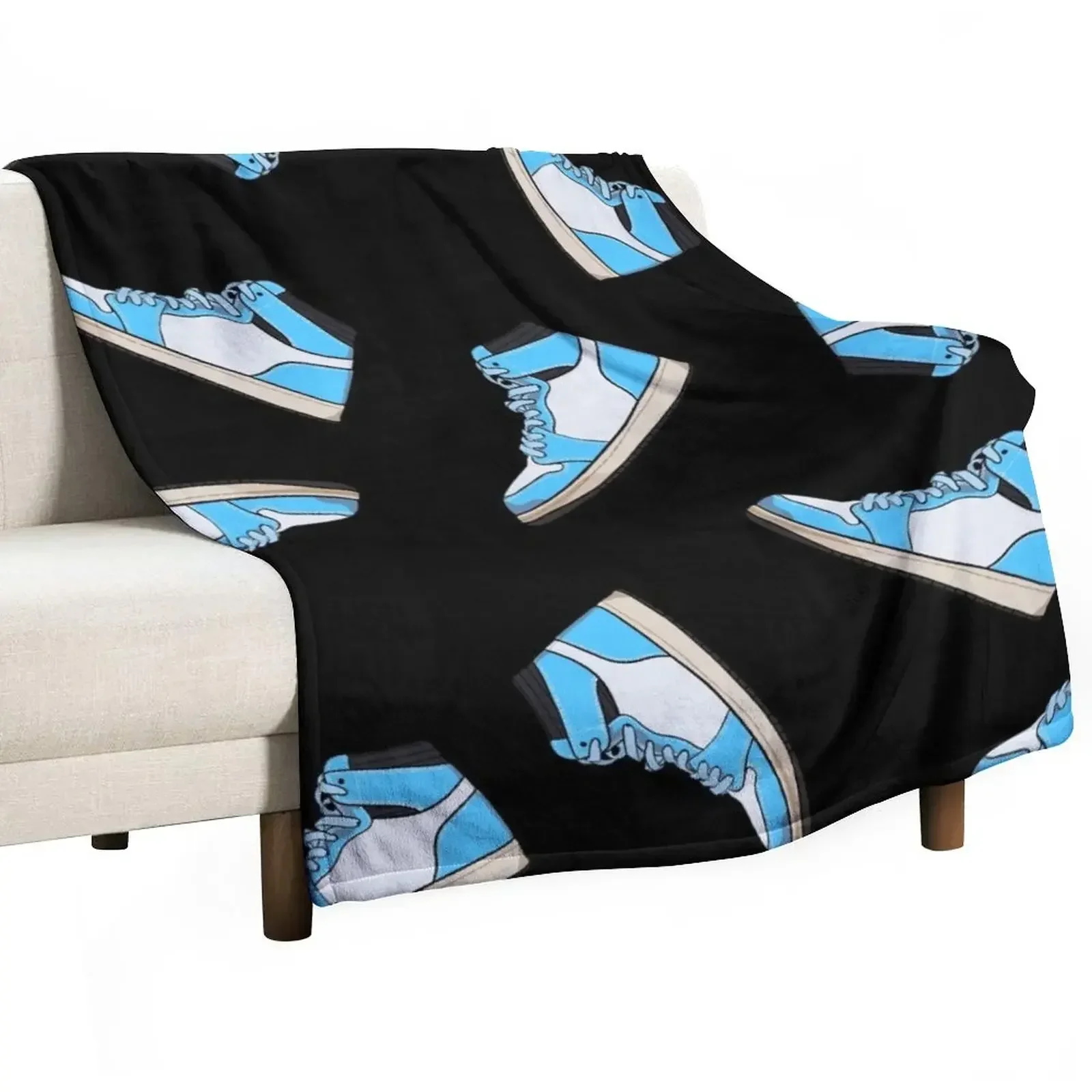 Blue and white high top sneaker pattern - black background Throw Blanket for sofa Designers Vintage Blankets