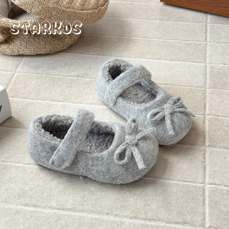 

Теплые балетки из овечьей шерсти для девочек с круглым носком и бантом, шерстяные флисовые фетровые туфли Мэри Джейн, детские зимние туфли на плоской подошве с толстым мехом